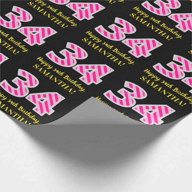 Papier Cadeau Fun Pink Stripes "34"; Joyeux 34e anniversaire; No (Coin)