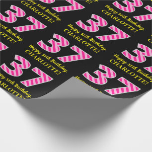 Papier Cadeau Fun Pink Stripes "37"; Joyeux 37ème anniversaire; 