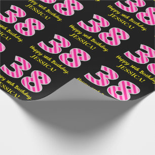 Papier Cadeau Fun Pink Stripes "38"; Joyeux 38ème anniversaire; 