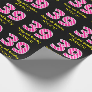 Papier Cadeau Fun Pink Stripes "39"; Joyeux 39e anniversaire; No