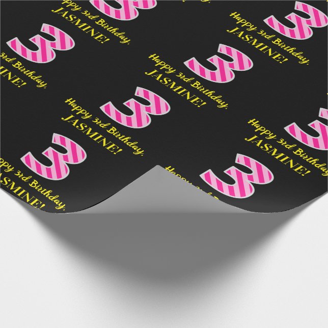 Papier Cadeau Fun Pink Stripes "3"; Joyeux 3ème anniversaire; No (Coin)