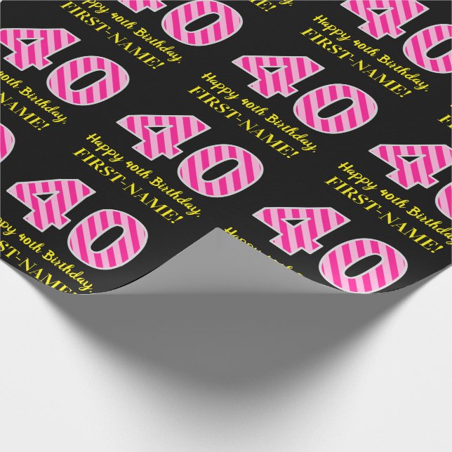 Papier Cadeau Fun Pink Stripes "40"; Joyeux 40e anniversaire; No (Coin)