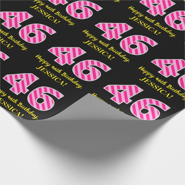 Papier Cadeau Fun Pink Stripes "46"; Joyeux 46e anniversaire; No (Coin)