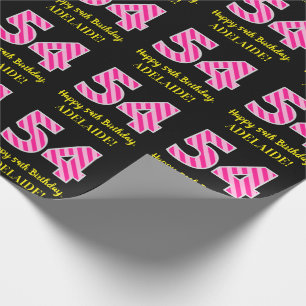 Papier Cadeau Fun Pink Stripes "54"; Joyeux 54e anniversaire; No