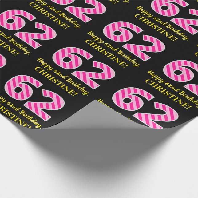 Papier Cadeau Fun Pink Stripes "62"; Joyeux 62e anniversaire; No (Coin)