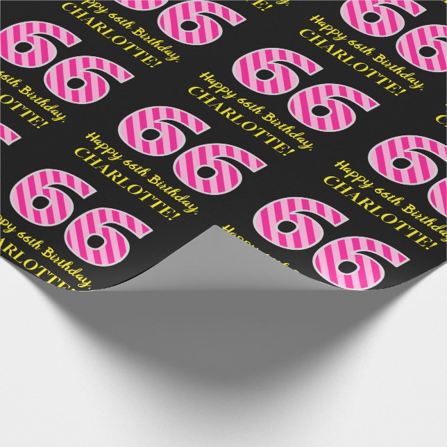 Papier Cadeau Fun Pink Stripes "66"; Joyeux 66e anniversaire; No (Coin)