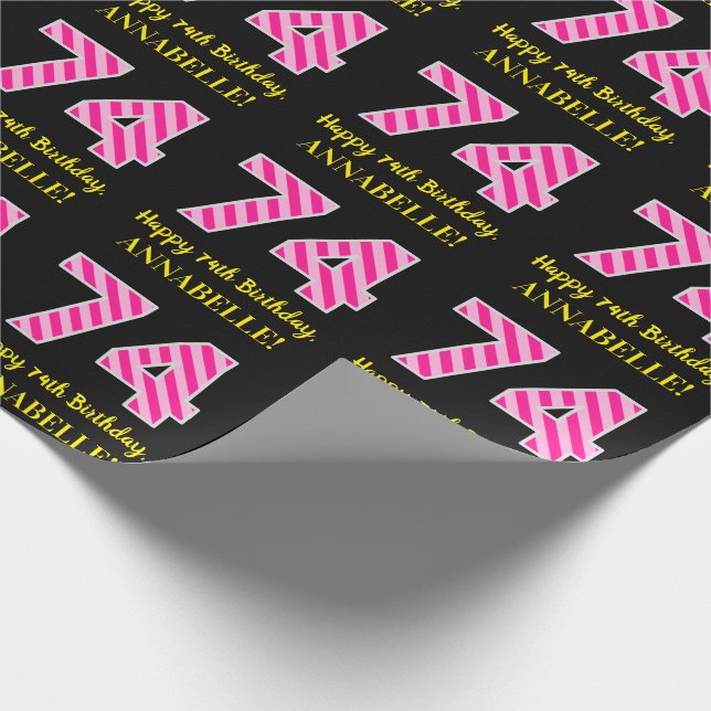 Papier Cadeau Fun Pink Stripes "74"; Joyeux 74e anniversaire; No (Coin)