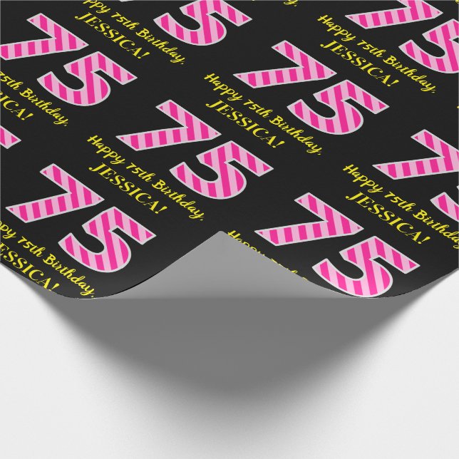 Papier Cadeau Fun Pink Stripes "75"; Joyeux 75e anniversaire; No (Coin)