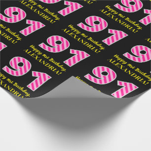 Papier Cadeau Fun Pink Stripes "91"; Joyeux 91ème anniversaire; 