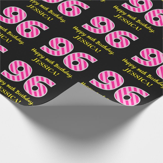 Papier Cadeau Fun Pink Stripes "96"; Joyeux 96ème anniversaire;  (Coin)