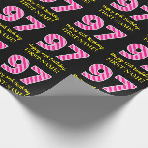 Papier Cadeau Fun Pink Stripes "97"; Joyeux 97ème anniversaire; 
