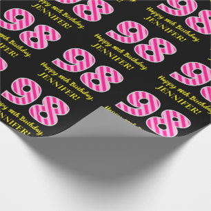 Papier Cadeau Fun Pink Stripes "98"; Joyeux 98ème anniversaire; 