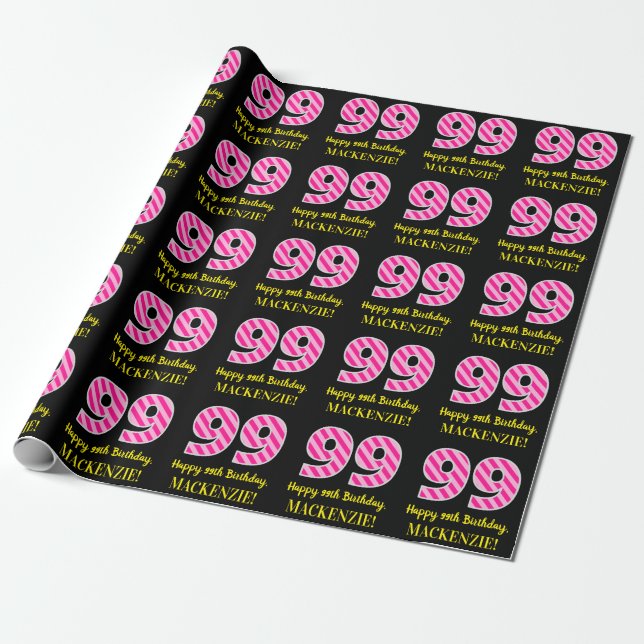 Papier Cadeau Fun Pink Stripes "99"; Joyeux 99e anniversaire; No (Déroulé)