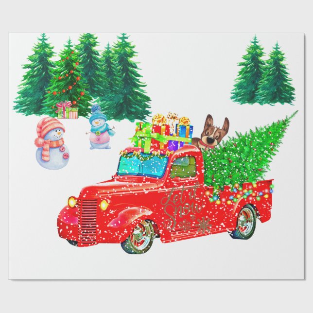 Papier Cadeau Fun Red Truck Snowmen, Chien Noël (Plat)