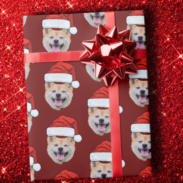 Papier Cadeau Funky Custom Face Chien Photo Santa Hat Noël (Créateur téléchargé)