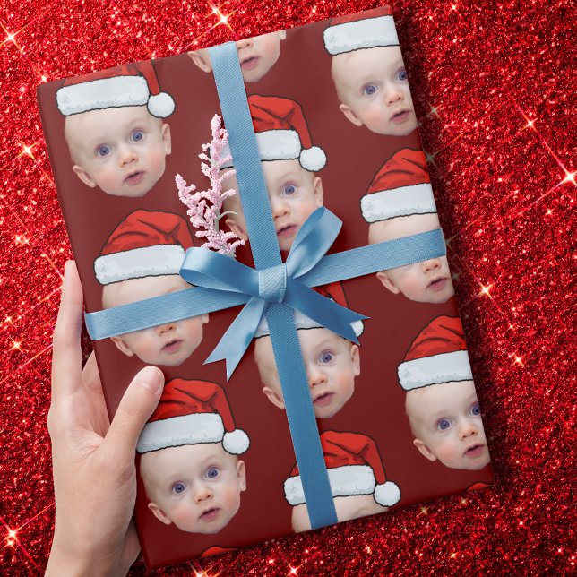 Papier Cadeau Funky Custom Face Photo Santa Hat Christmas Red (Créateur téléchargé)