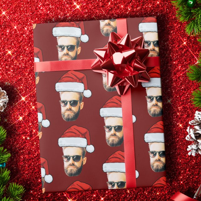 Papier Cadeau Funky Custom Face Photo Santa Hat Christmas Red (Créateur téléchargé)