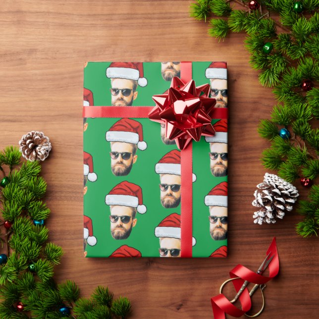 Papier Cadeau Funky Custom Photo Visage Santa Hat Christmas Gree (Cadeau de vacances)