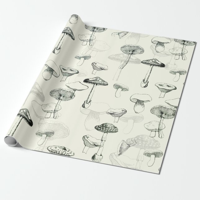 Papier Cadeau Funky Moderne Rétro Sage Champignons verts (Déroulé)