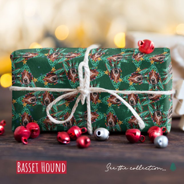 Papier Cadeau Funny Basset Hound Motif de Noël (Créateur téléchargé)