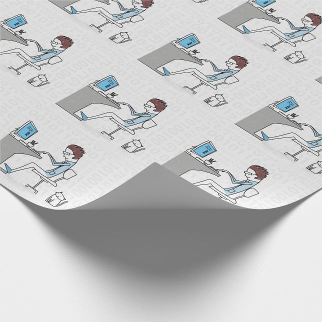 Papier Cadeau Funny Blue et gris ordinateur Nerd avec chat (Coin)