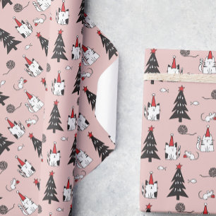 Papier Cadeau Funny Chats Noël motif rose