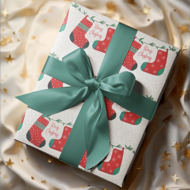 Papier Cadeau Funny Gold Red White Pine Green Stocking de Noël (Créateur téléchargé)