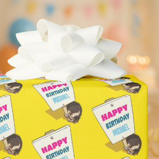 Papier Cadeau Funny Hedgehog Add The Name Happy Birthday Cartoon