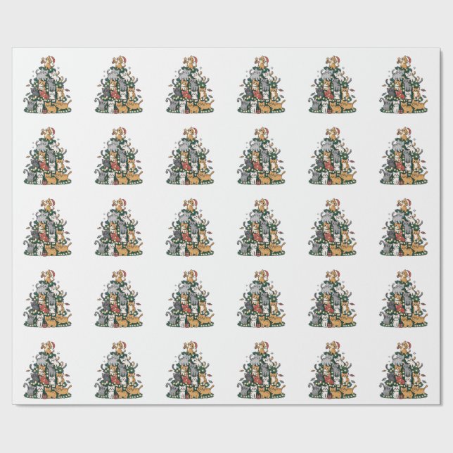 Papier Cadeau Funny Kitten Christmas Tree Chat Animal de compagn (Plat)