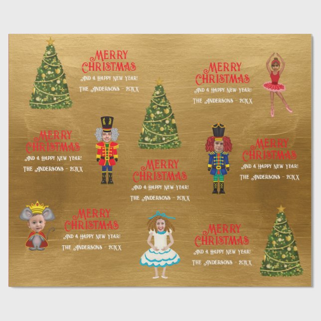 Papier Cadeau Funny Nutcracker Famille de Cinq Or (Plat)
