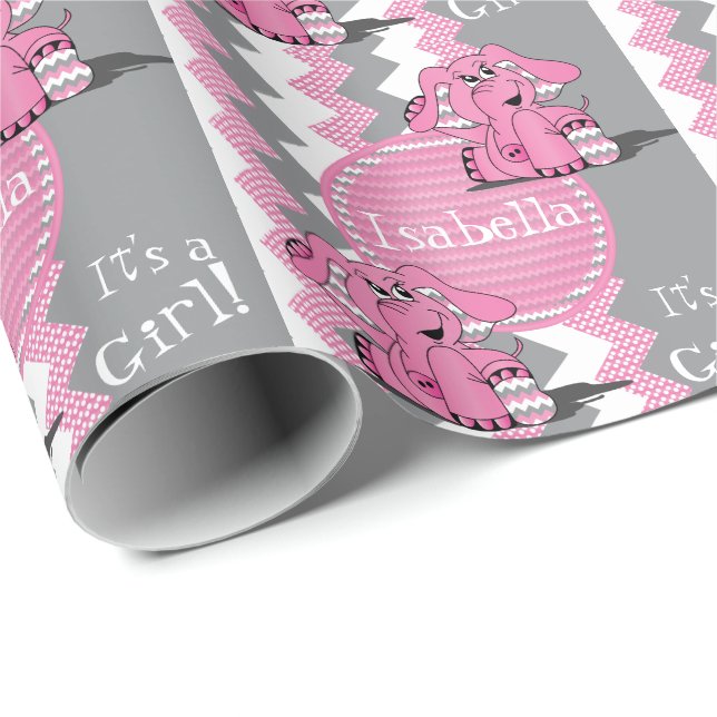 Papier Cadeau Funny Pink Chevron Elephant - Personnaliser (Coin rond)