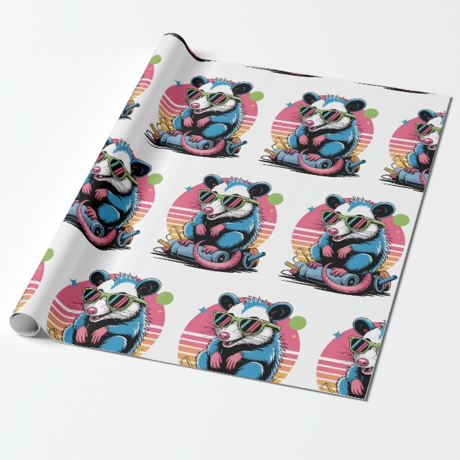 Papier Cadeau Funny Retro Opossum Motif de vacances (Déroulé)