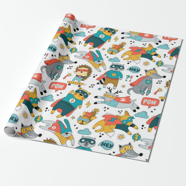Papier Cadeau Funny Superhero Animaux Motif (Déroulé)