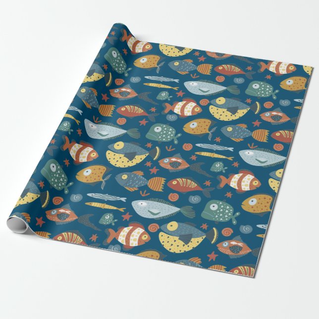 Papier Cadeau Funny Whimsical Océan Poisson Motif bleu (Déroulé)