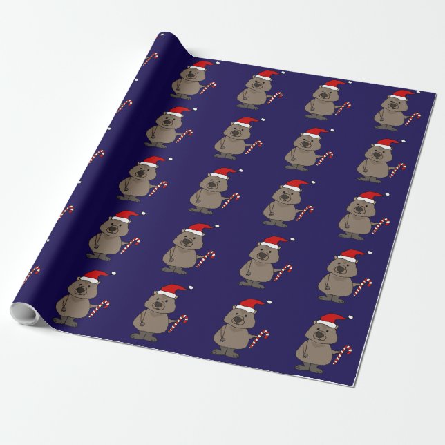 Papier Cadeau Funny Wombat à Noël de Santa Hat (Déroulé)