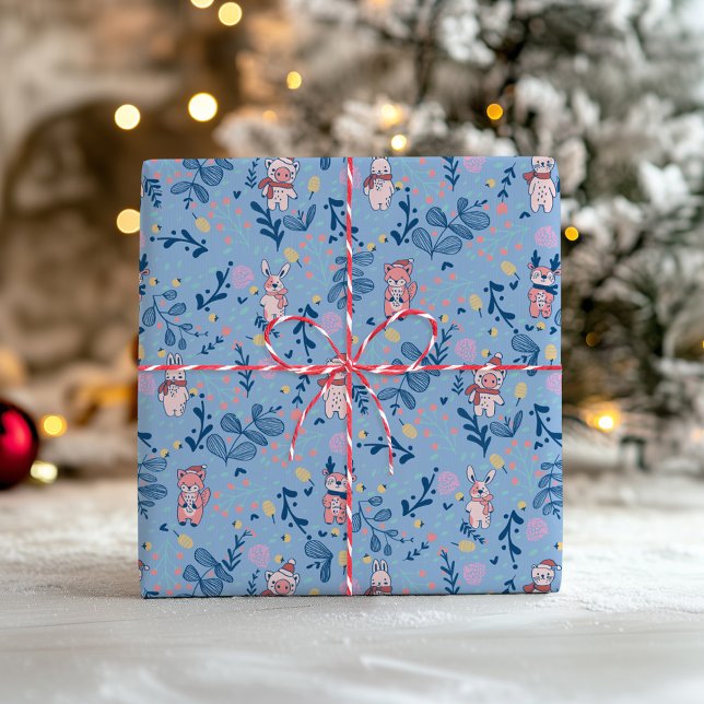 Papier Cadeau Funny Woodland Friends  Blue Winter Forest Pattern (Créateur téléchargé)