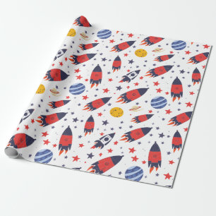 Papier Cadeau Fusées Rouges Étoiles et Planètes