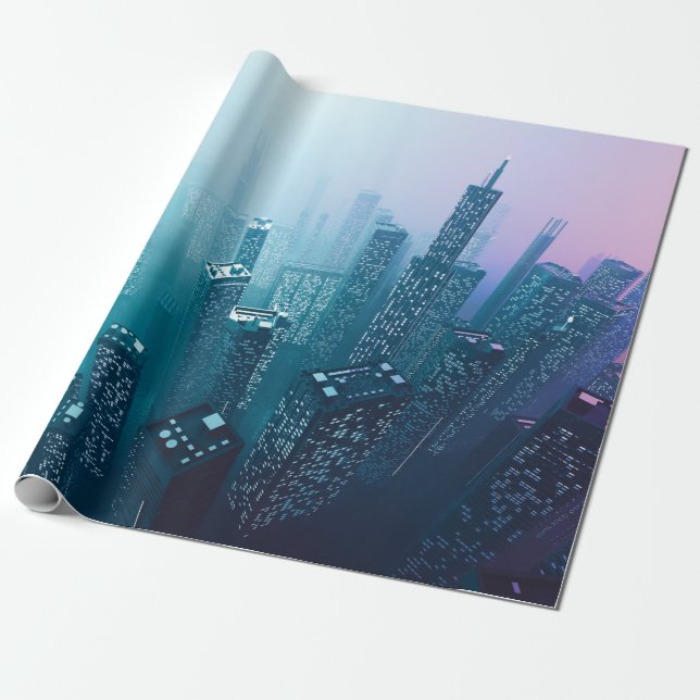 Papier Cadeau Future ville centre-ville avec gratte-ciel en cybe (Déroulé)