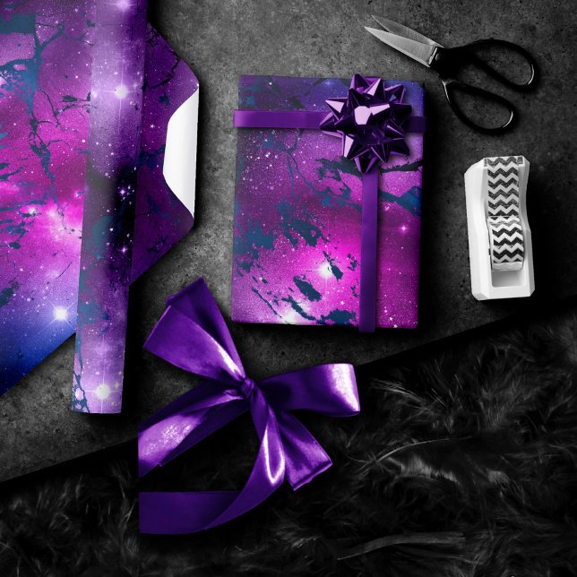 Papier Cadeau Galaxie | Bleu cosmique Marbre pourpre et rose (Créateur téléchargé)