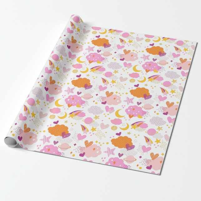 Papier Cadeau Galaxie cosy - cosmos, lune, étoiles et coeurs (Déroulé)
