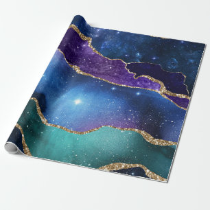 Papier Cadeau Galaxy rose bleu violet Agate Faux or Parties scin