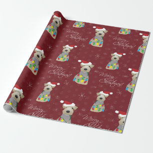 Papier Cadeau Gallois Terrier Empreintes de pattes Red Christmas