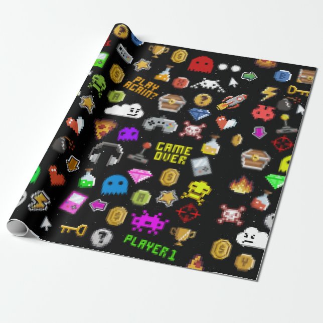 Papier Cadeau Gamer Retro Pixel Vidéo Icônes de jeu (Déroulé)