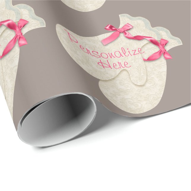 Papier Cadeau Gant d'hiver élégant ruban dentelle crème rose tau (Coin rond)