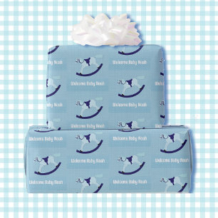Papier Cadeau Garçon Baby shower mignon Rocking Horse Nom Bleu