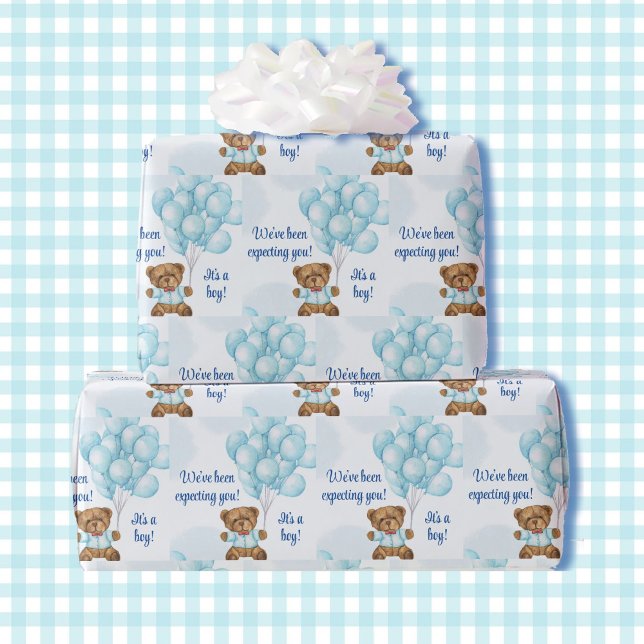 Papier Cadeau Garçon Baby shower Teddy Bear Blue Balloons Ajoute (Créateur téléchargé)