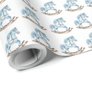 Papier Cadeau Garçon Bleu Rocking Cheval bébé Papier d'enveloppe
