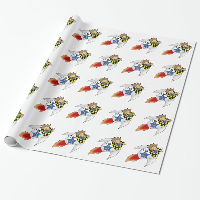 Papier Cadeau garçon d'anniversaire de 4 ans (garçon de fusée) (Déroulé)