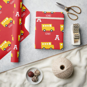 Papier Cadeau Garçon Jouets Transport Bus Jaune Monogramme Anniv