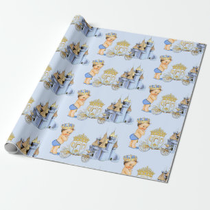 Papier Cadeau Garçon royal de prince Castle Carriage Blue Gold